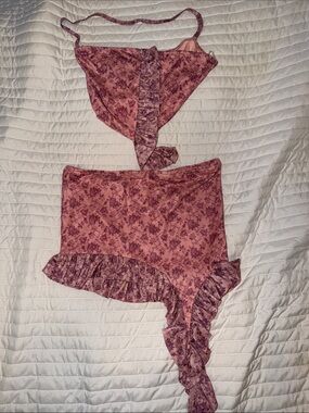 New Pink Ruched Floral Mini skirt set in Dusty Rose